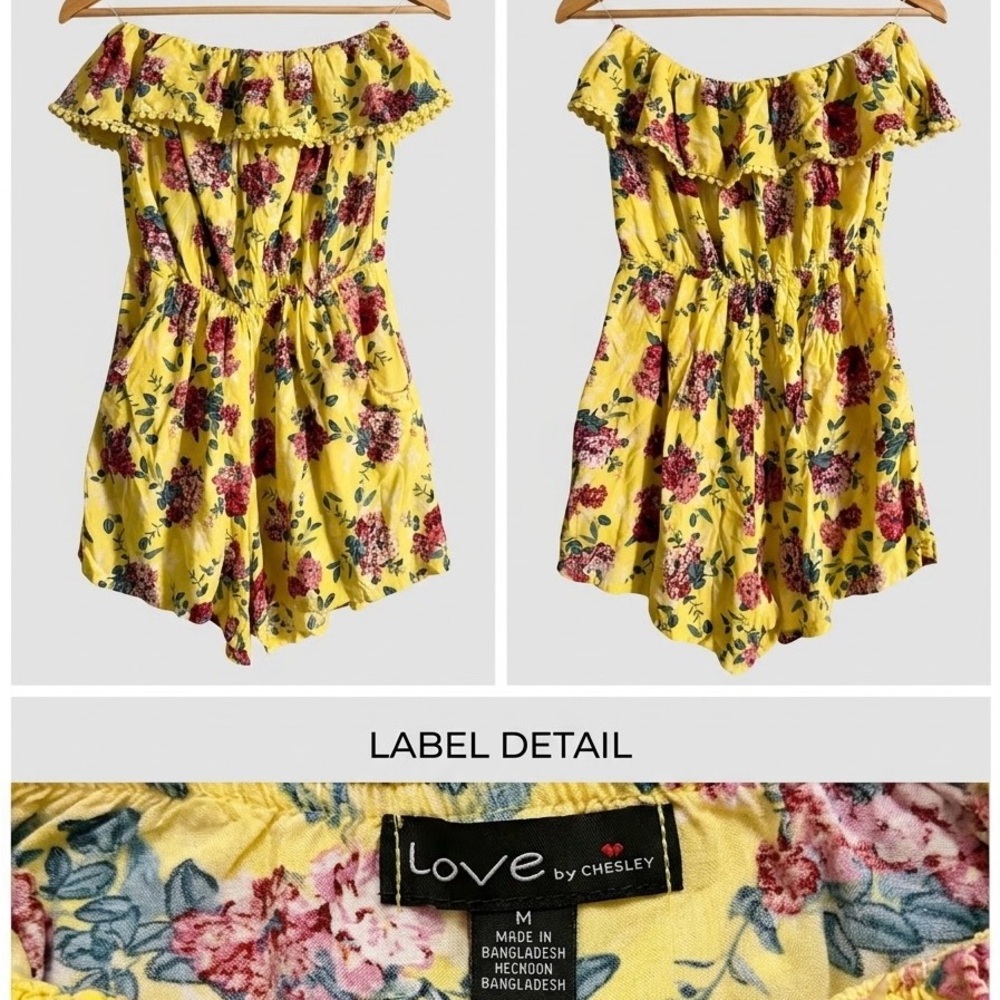 Women’s Love by Chelsey Yellow Floral Off-Shoulder Romper Size Medium M